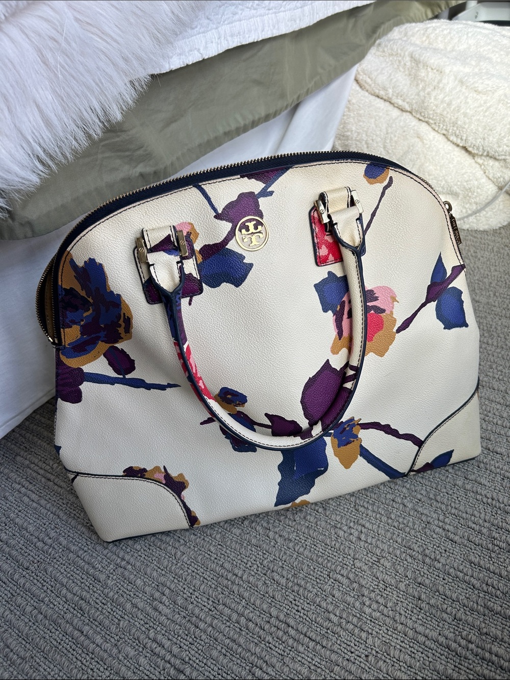 Tory Burch Cream Floral Dome Satchel with Purple & Navy Print